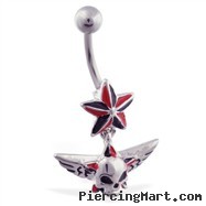 Nautica star belly ring with dangling skull and wings