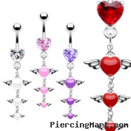 Jeweled heart navel ring with winged hearts dangle