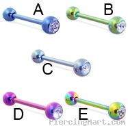Titanium anodized straight barbell with one jeweled ball, 14 ga