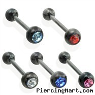 Black titanium anodized straight barbell with one jeweled ball, 14 ga