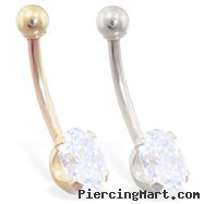14K Gold belly ring with clear oval 8mm x 6mm CZ