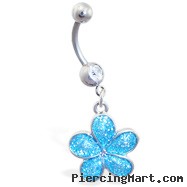 Navel ring with dangling aqua glitter flower