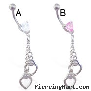 Jeweled heart belly ring with dangling heart handcuffs