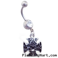 Navel ring with dangling skull cross