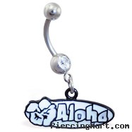 Jeweled Navel Ring with Dangling "Aloha" Sign