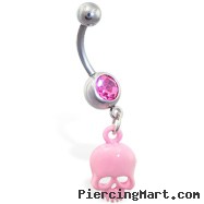 Jeweled belly ring with dangling pink skull