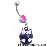 Jeweled navel ring with dangling pink and black girly skull