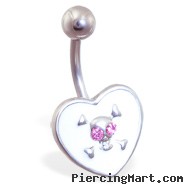 White heart belly ring with pink jeweled skull
