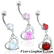 Jeweled navel ring with dangling jeweled heart with large gem