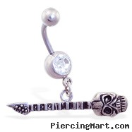 Jeweled navel ring with dangling skull guitar