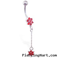 Red flower belly ring with dangling jeweled flower
