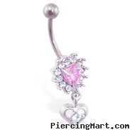 Jeweled heart flower belly ring with dangling heart