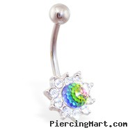 Jeweled flower belly ring with rainbow crystal ball