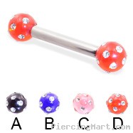 Straight barbell with multi-gem acrylic colored balls, 10 ga