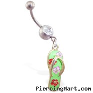 Navel ring with dangling green flipflop with flowers