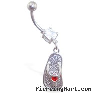 Navel ring with dangling flipflop with small jeweled red heart