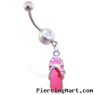 Navel ring with dangling pink flipflop with flower