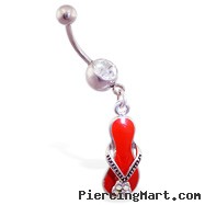 Belly ring with dangling red flipflop with jeweled flower