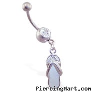 Belly button ring with dangling white jeweled flipflop