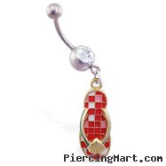 Jeweled navel ring with dangling red checkered flipflop with shell