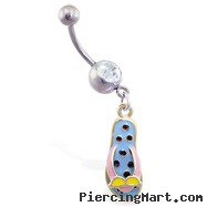 Navel ring with dangling polka dotted flipflop with sunglasses