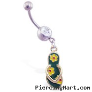 Jeweled belly ring with dangling green flipflop with flowers