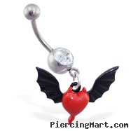 Belly ring with dangling red devil heart and wings