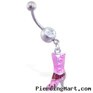 Belly ring with dangling pink boot