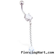 Jeweled belly ring with dangling teardrop CZ on chain