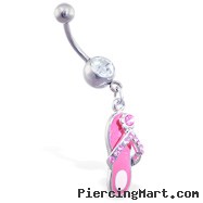 Jeweled navel ring with dangling pink jeweled flipflop and flower