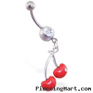 Jeweled navel ring with dangling red cherries with gem