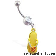 Jeweled navel ring with dangling yellow flipflop with flower