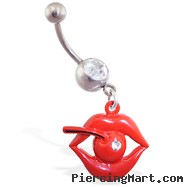 Jeweled navel ring with dangling lips and cherry