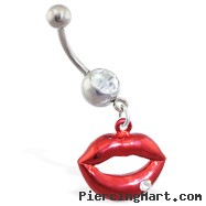 Navel ring with dangling red hot lips with gem