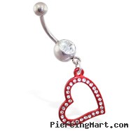 Jeweled navel ring with dangling red jeweled heart