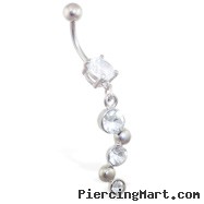 Jeweled navel ring with triple CZ bubbly dangle