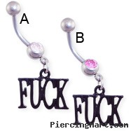 Jeweled belly ring with dangling black "F*CK"