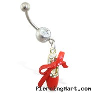 Jeweled belly ring with dangling red slipper and bow