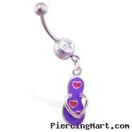 Jeweled belly ring with dangling purple flipflop with hearts