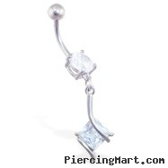 Jeweled belly ring with square CZ dangle