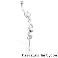 Jeweled navel ring with dangling CZ twister and heart on chain