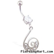 Jeweled navel ring with swirled CZ dangle