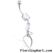 Jeweled belly ring with wavy CZ and twisted steel dangle