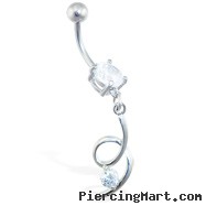 Jeweled navel ring with twisted CZ dangle