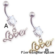 Jeweled belly ring with dangling word "Lover"