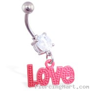 Jeweled belly ring with dangling red "Love"