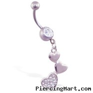 Navel ring with dangling jeweled triple hearts