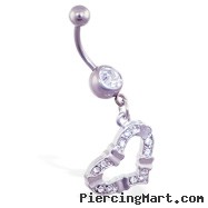 Jeweled belly ring with dangling jeweled fancy heart