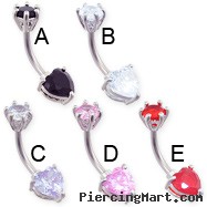 Double jewel pronged heart belly ring