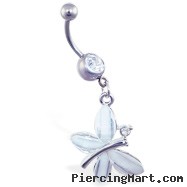 Navel ring with dangling clear glitter butterfly